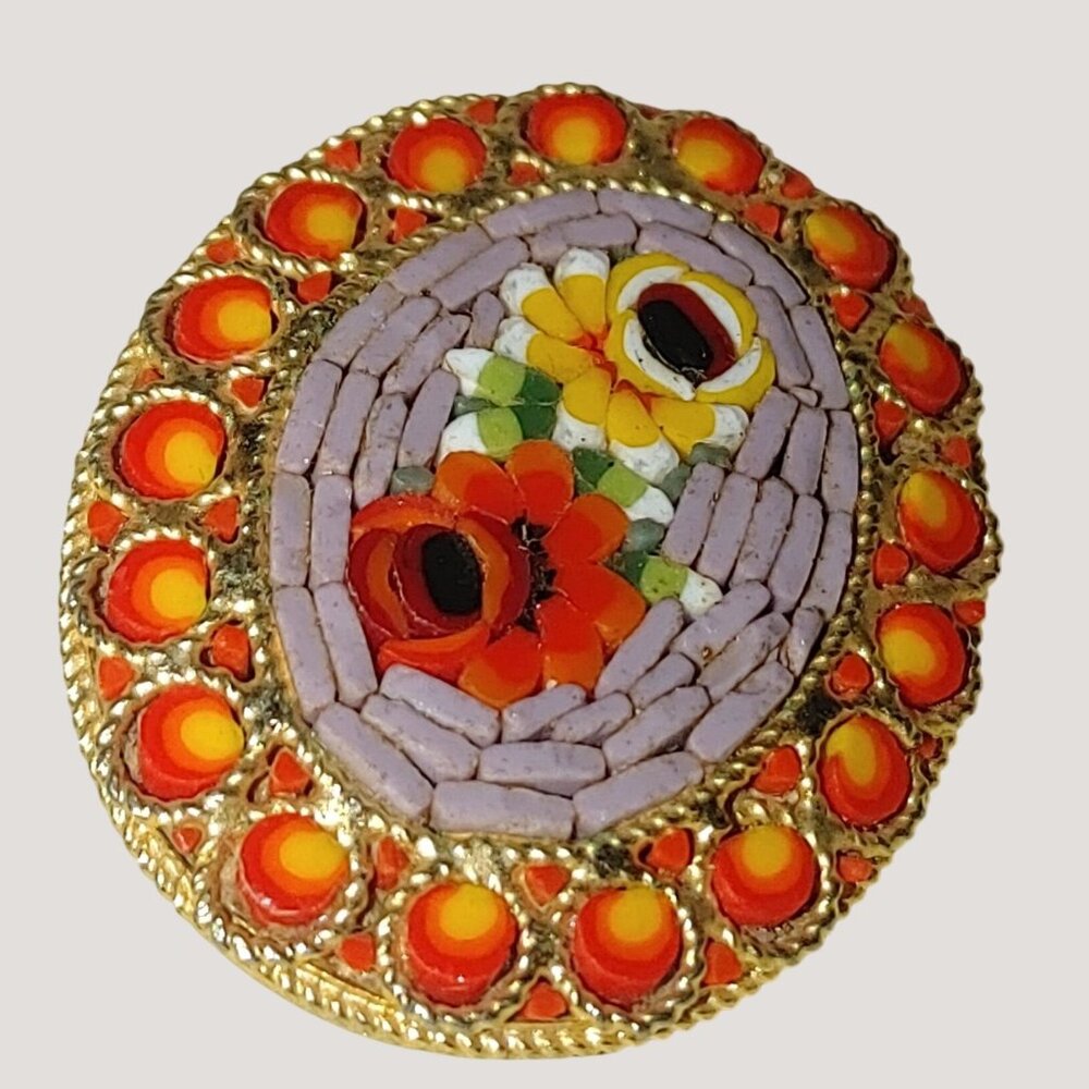Vtg Italian Micro Mosaic Floral Oval Brooch Red Yellow Accents Gold Tone Pin